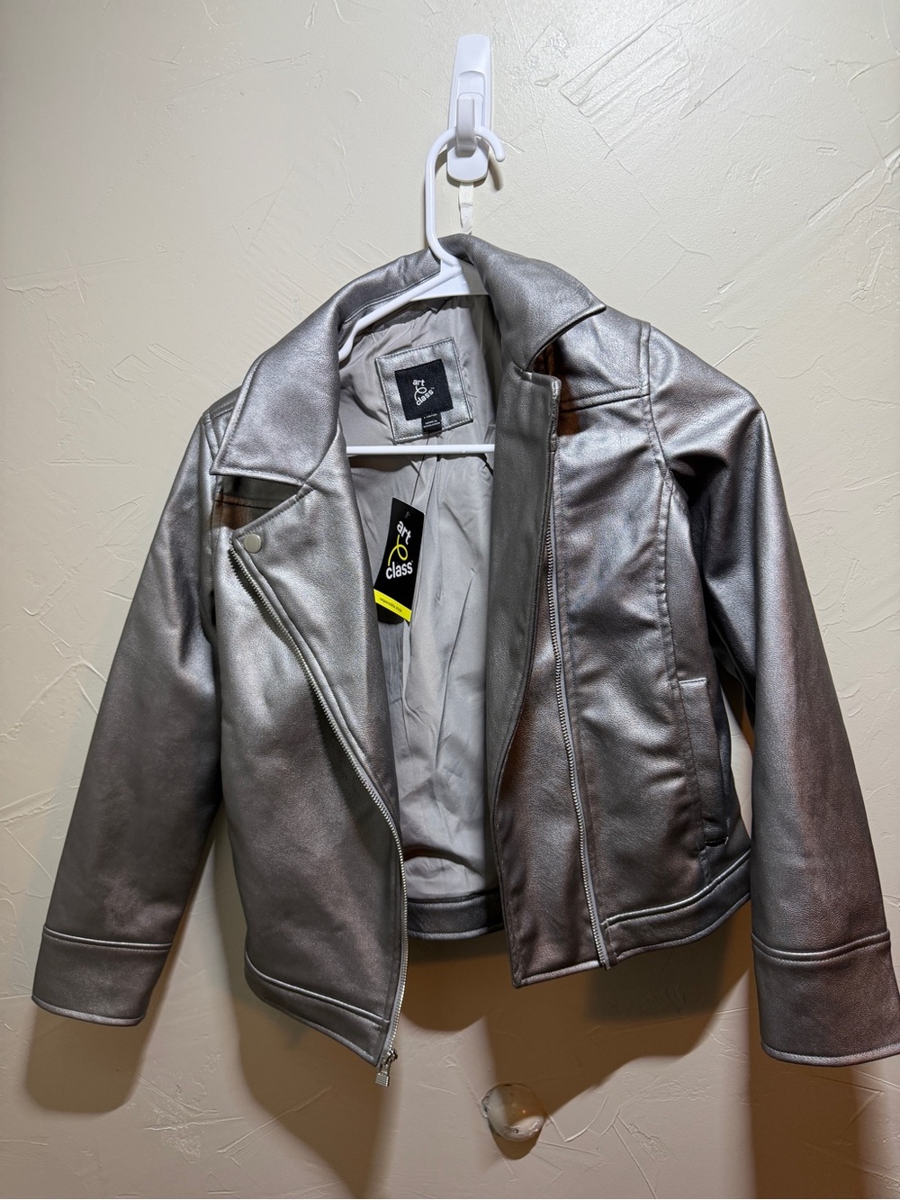 Metallic Silver Girls Faux Leather Moto Jacket